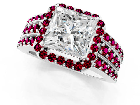 White gold Princess Cut Halo Diamond Ring with Round with Garnet side stone Split Shank and Prong Setting_13