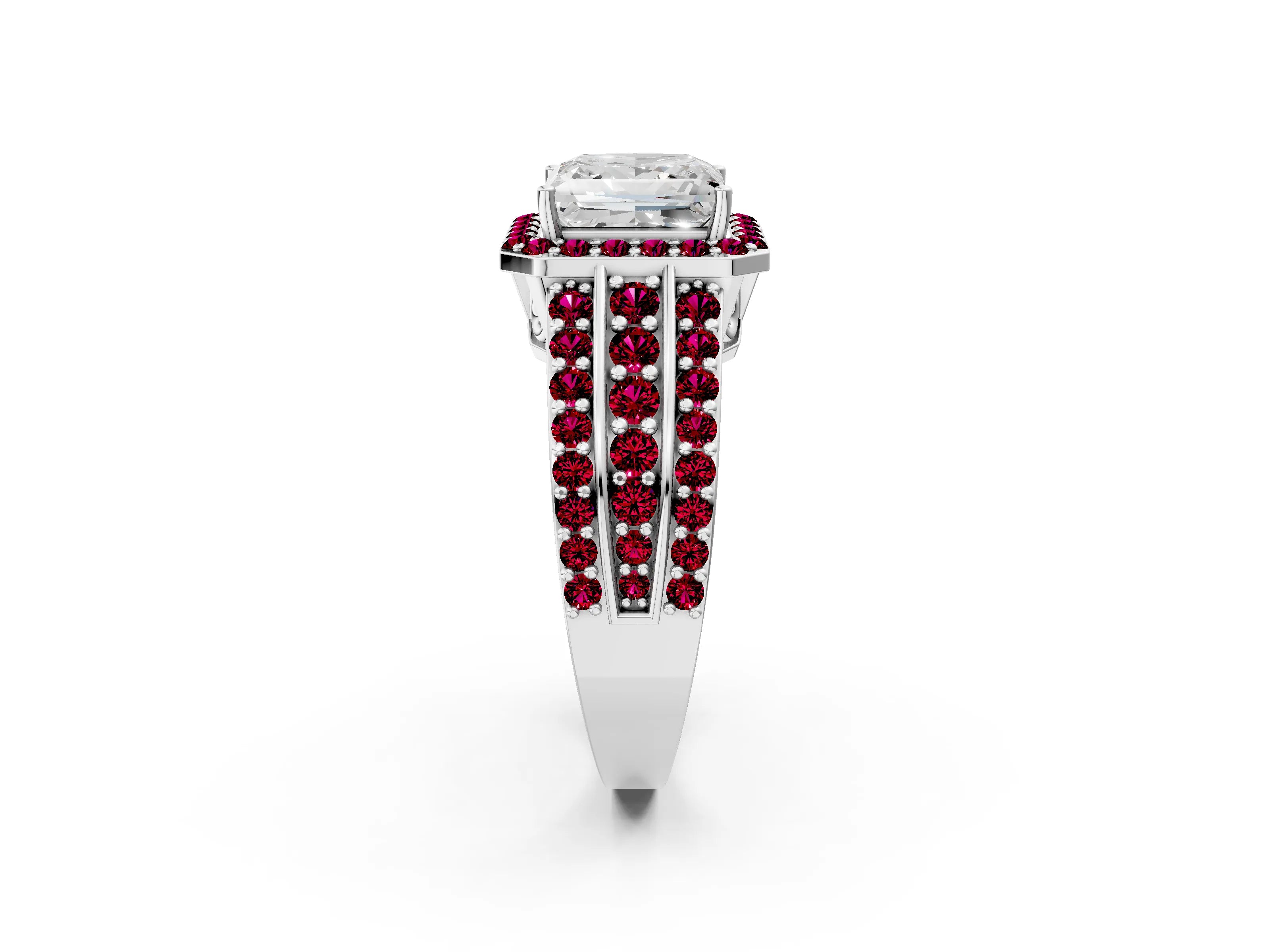 White gold Princess Cut Halo Diamond Ring with Round with Garnet side stone Split Shank and Prong Setting_14