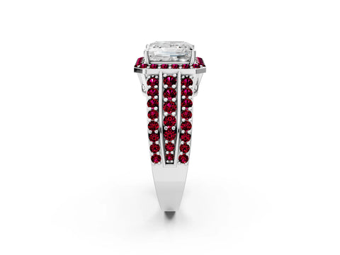 White gold Princess Cut Halo Diamond Ring with Round with Garnet side stone Split Shank and Prong Setting_14