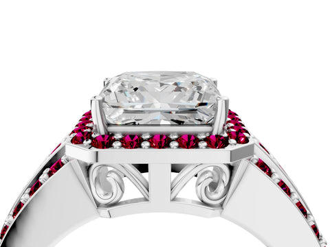White gold Princess Cut Halo Diamond Ring with Round with Garnet side stone Split Shank and Prong Setting_16