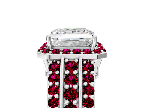 White gold Princess Cut Halo Diamond Ring with Round with Garnet side stone Split Shank and Prong Setting_17