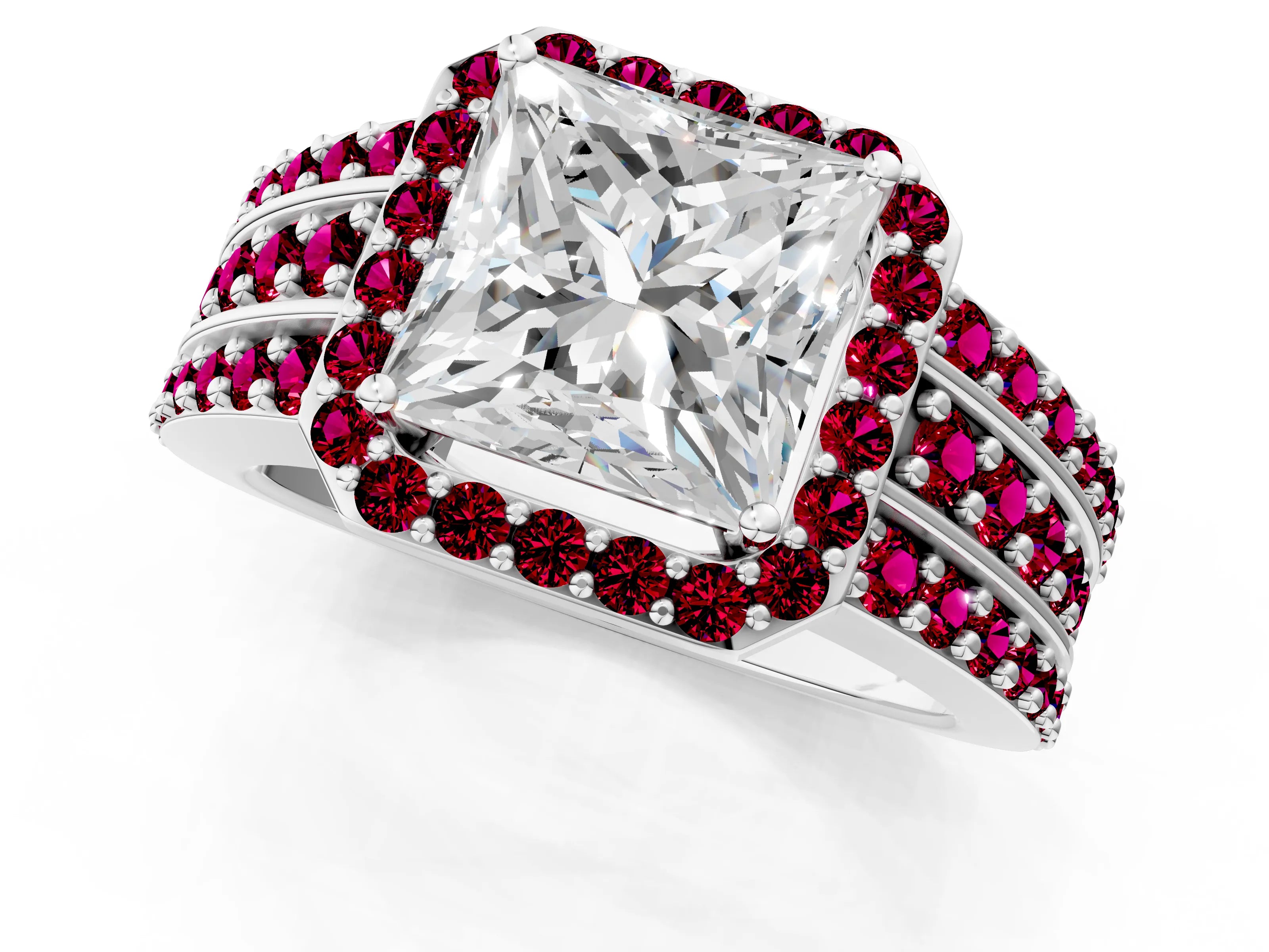 White gold Princess Cut Halo Diamond Ring with Round with Garnet side stone Split Shank and Prong Setting_37