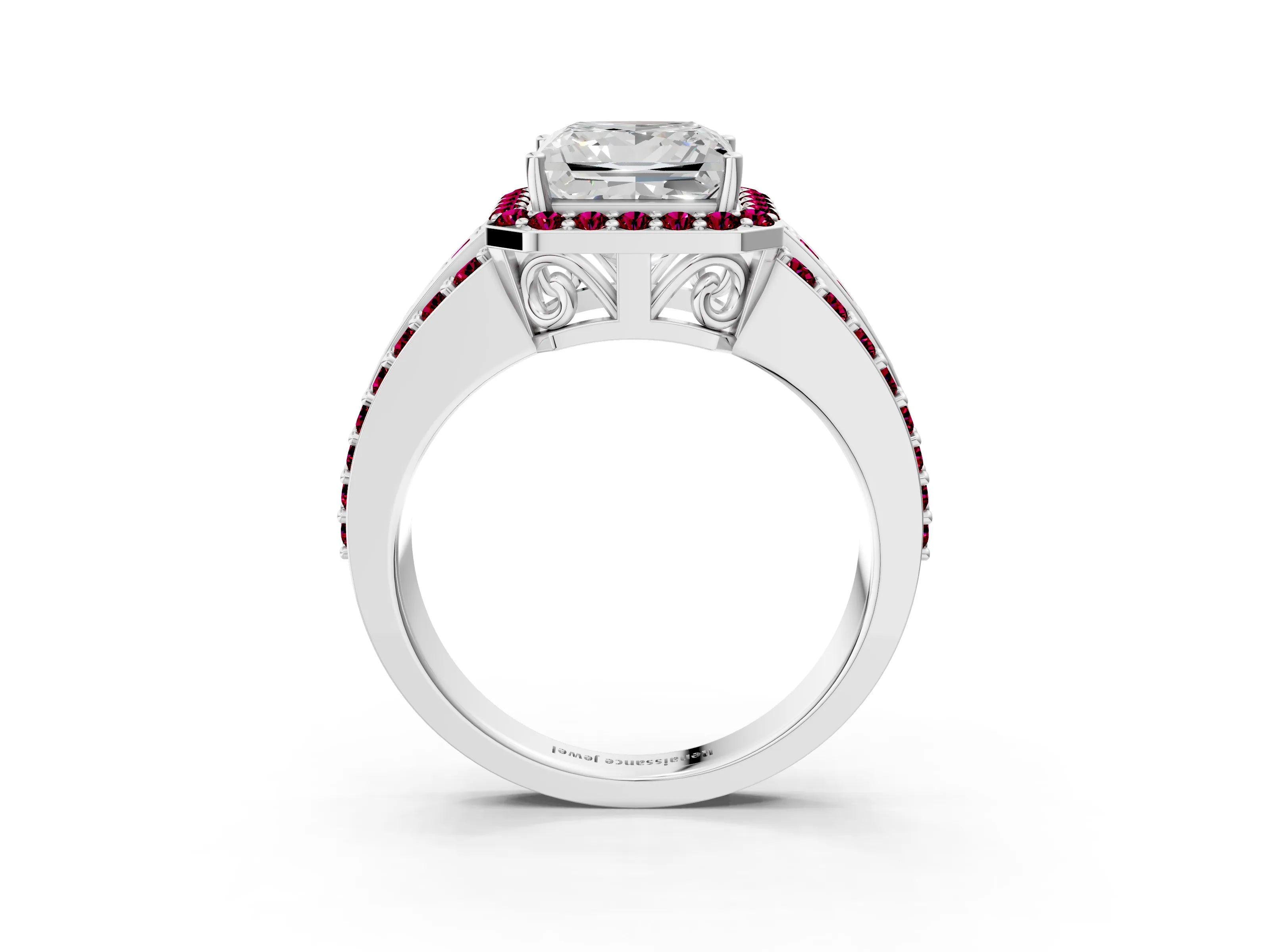 White gold Princess Cut Halo Diamond Ring with Round with Garnet side stone Split Shank and Prong Setting_39