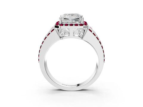 White gold Princess Cut Halo Diamond Ring with Round with Garnet side stone Split Shank and Prong Setting_39