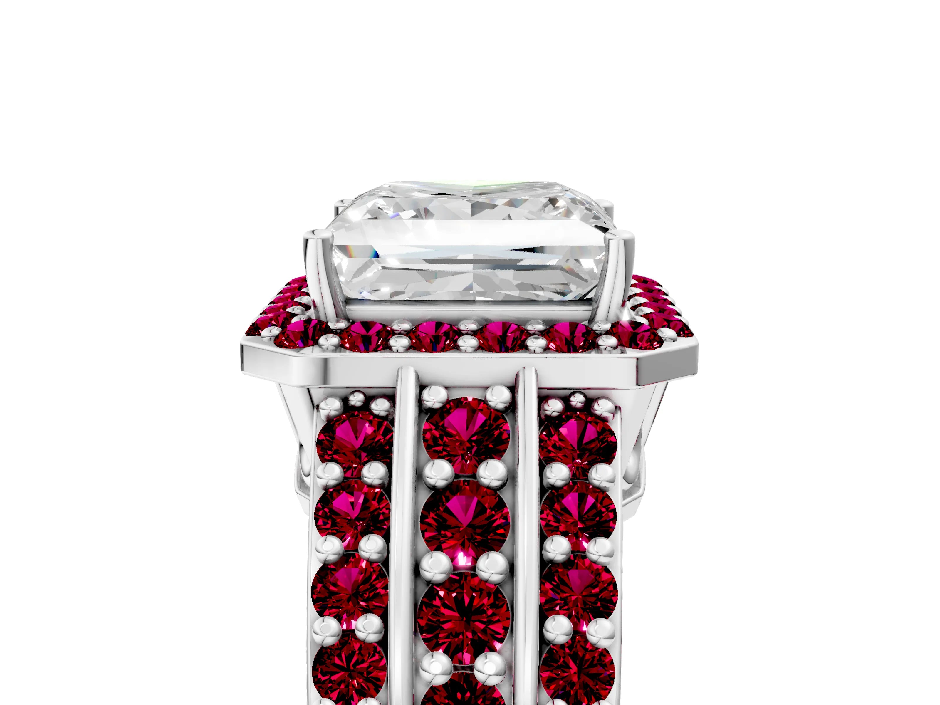 White gold Princess Cut Halo Diamond Ring with Round with Garnet side stone Split Shank and Prong Setting_41