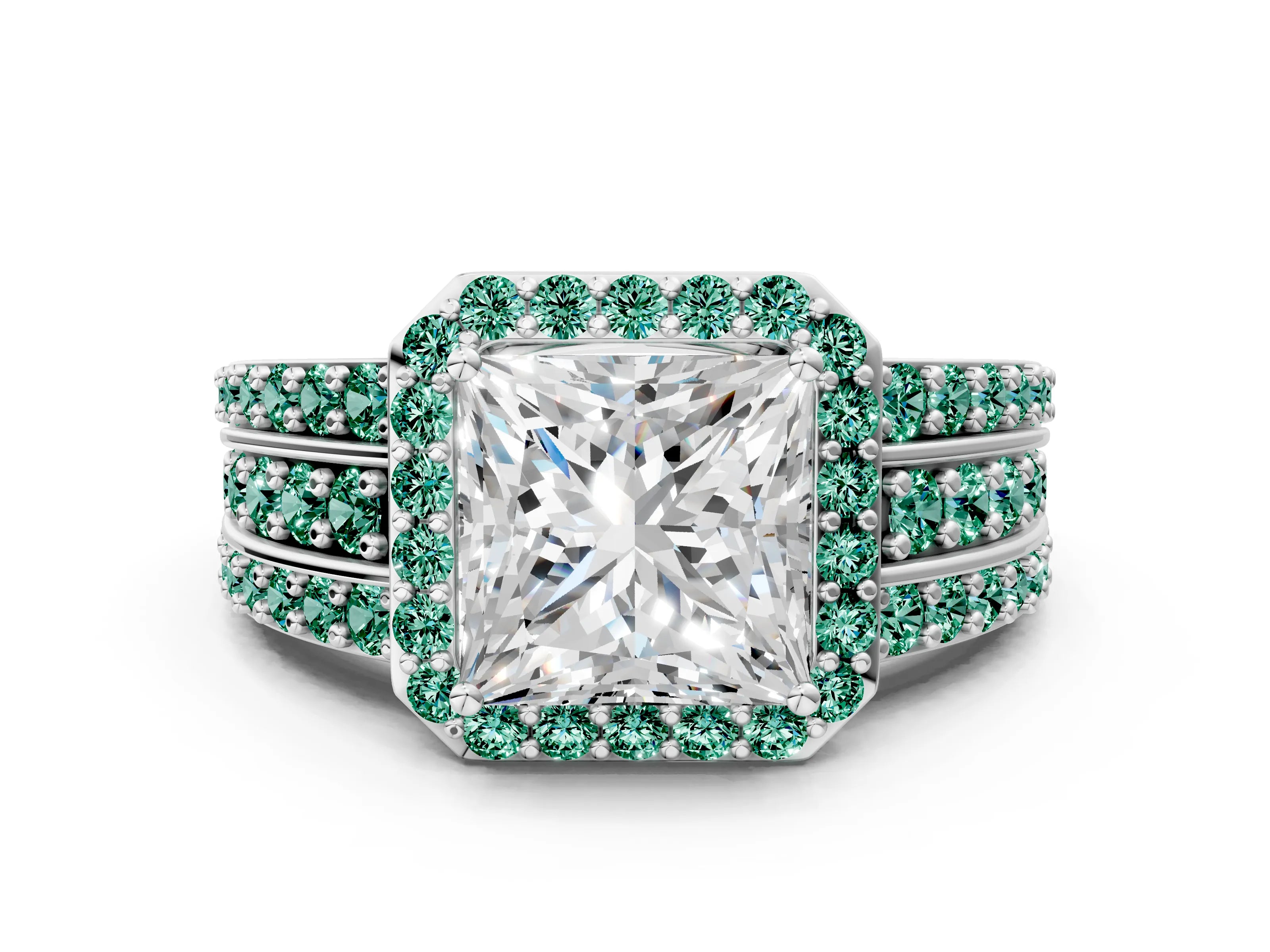 White gold Princess Cut Halo Diamond Ring with Round with Green Sapphire side stone Split Shank and Prong Setting_24