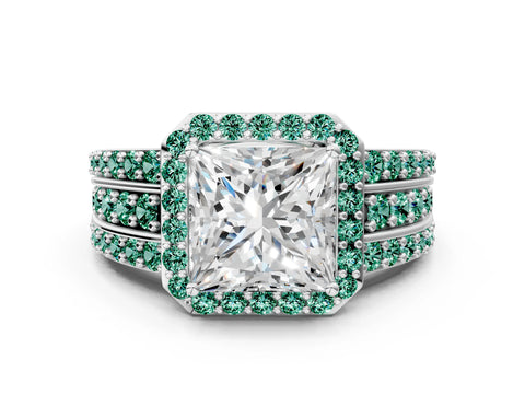 White gold Princess Cut Halo Diamond Ring with Round with Green Sapphire side stone Split Shank and Prong Setting_24