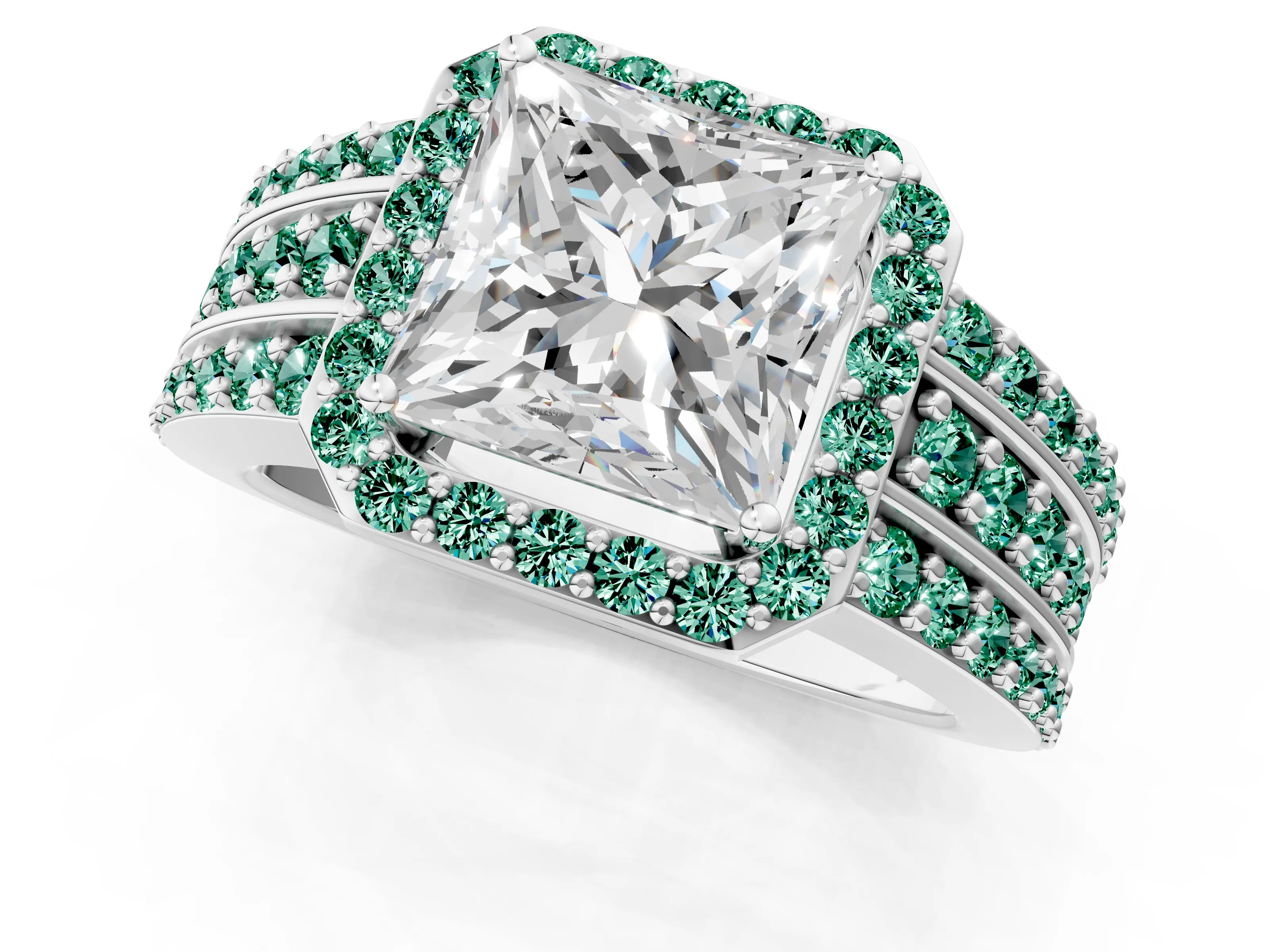 White gold Princess Cut Halo Diamond Ring with Round with Green Sapphire side stone Split Shank and Prong Setting_25
