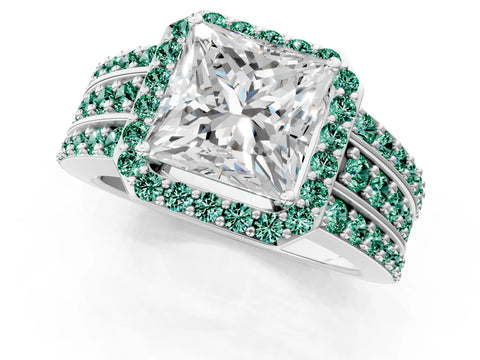White gold Princess Cut Halo Diamond Ring with Round with Green Sapphire side stone Split Shank and Prong Setting_25