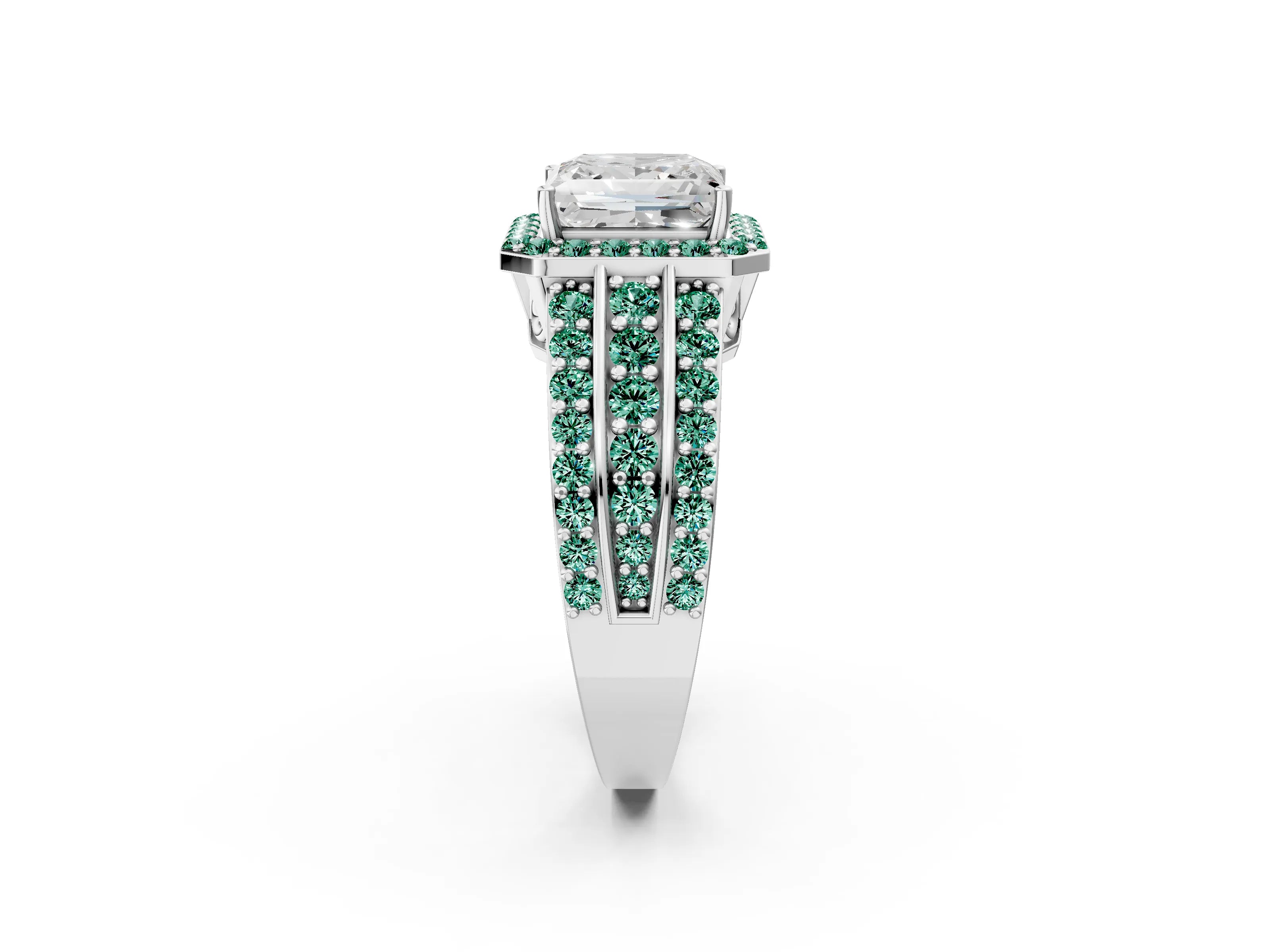 White gold Princess Cut Halo Diamond Ring with Round with Green Sapphire side stone Split Shank and Prong Setting_26