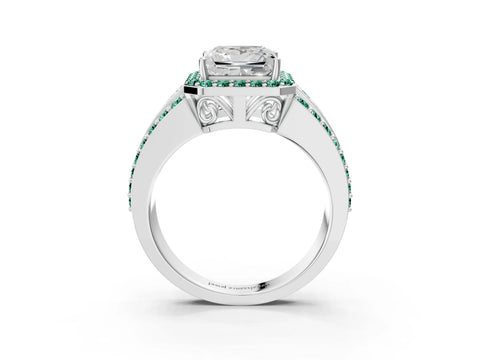 White gold Princess Cut Halo Diamond Ring with Round with Green Sapphire side stone Split Shank and Prong Setting_27