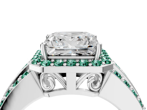 White gold Princess Cut Halo Diamond Ring with Round with Green Sapphire side stone Split Shank and Prong Setting_28