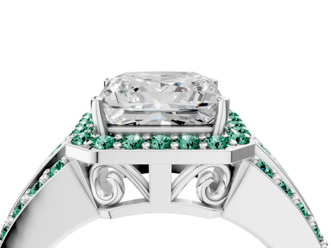 White gold Princess Cut Halo Diamond Ring with Round with Green Sapphire side stone Split Shank and Prong Setting_28