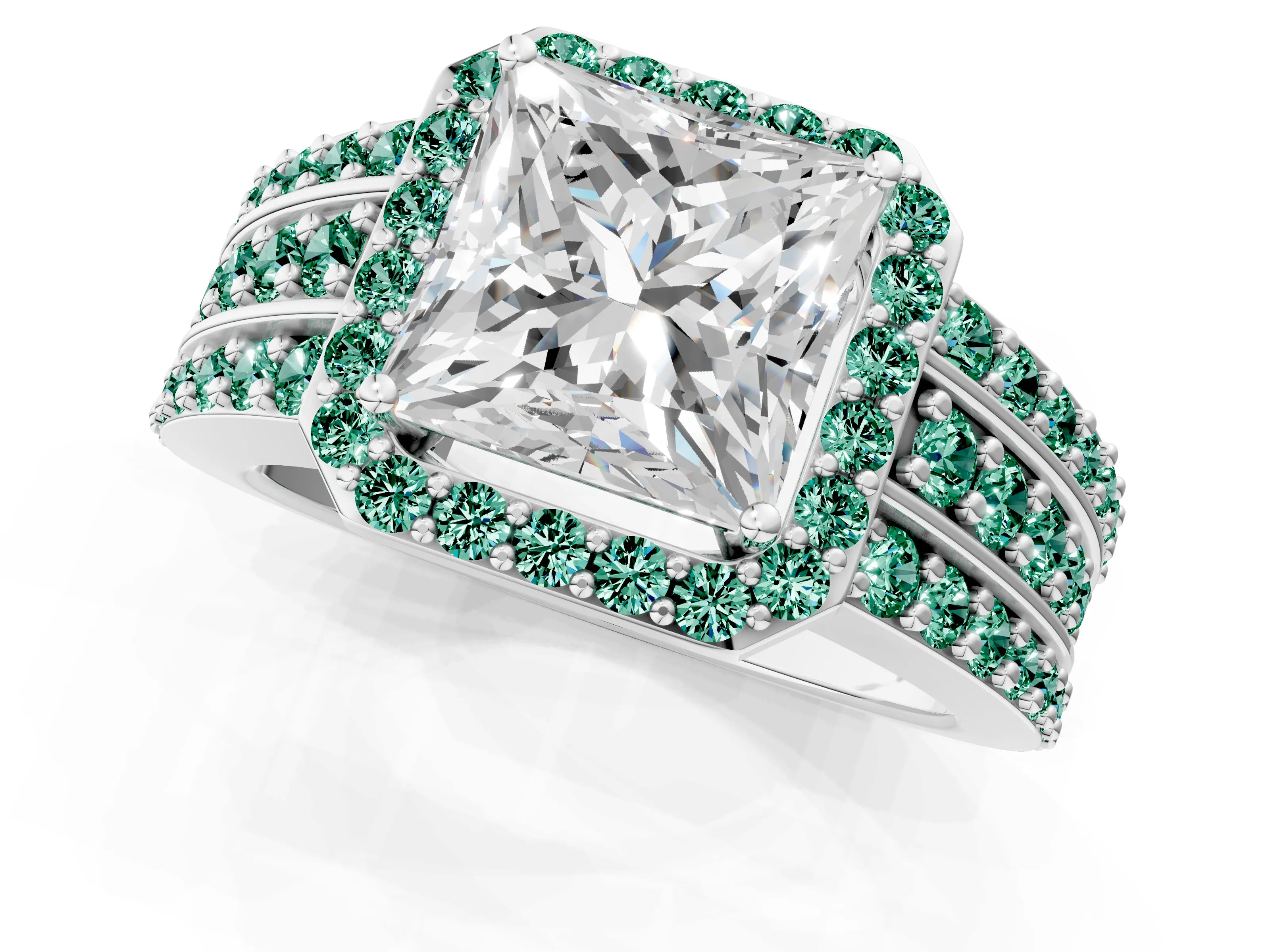 White gold Princess Cut Halo Diamond Ring with Round with Green Sapphire side stone Split Shank and Prong Setting_37