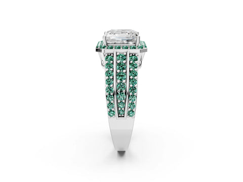 White gold Princess Cut Halo Diamond Ring with Round with Green Sapphire side stone Split Shank and Prong Setting_37