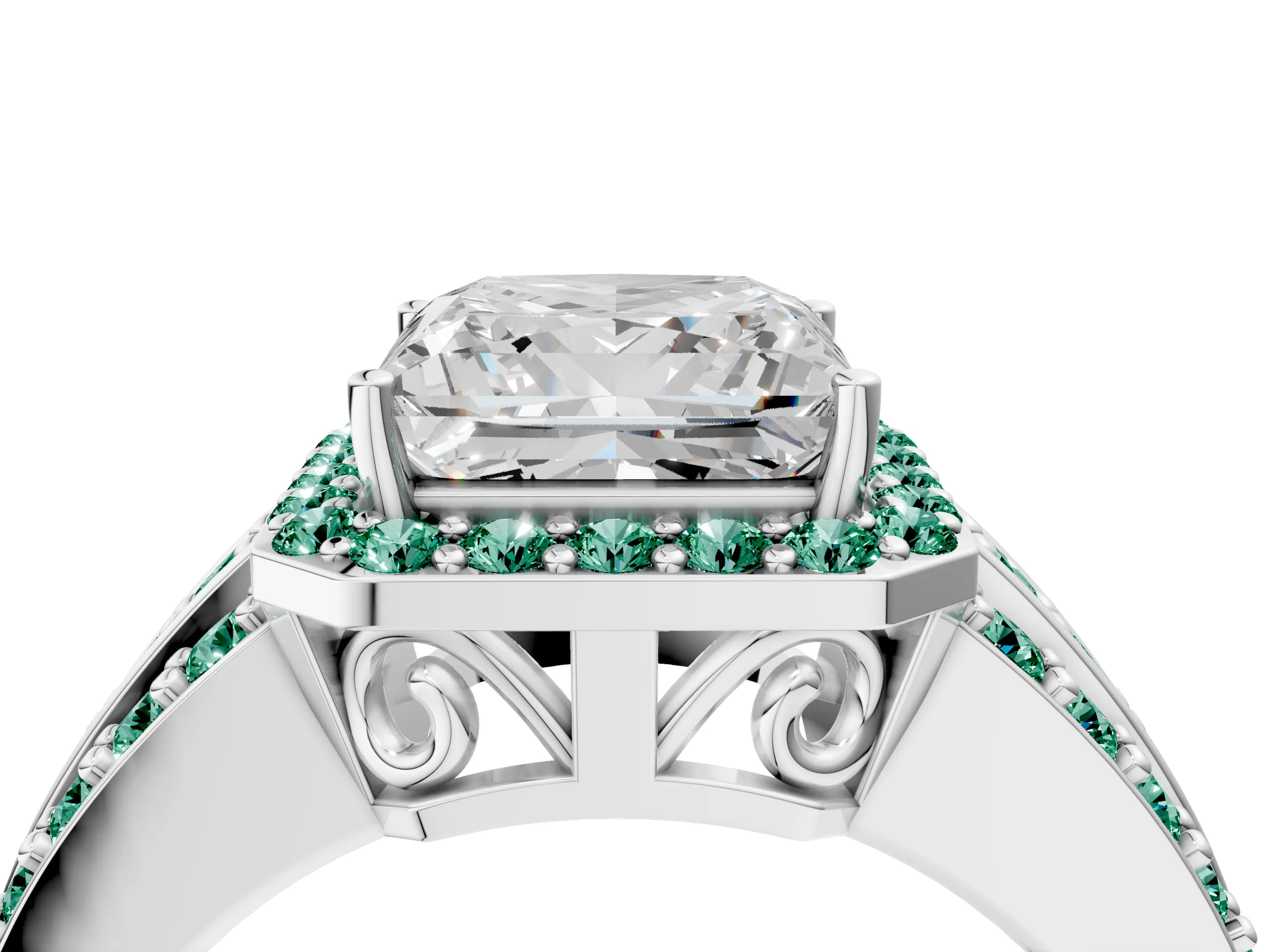 White gold Princess Cut Halo Diamond Ring with Round with Green Sapphire side stone Split Shank and Prong Setting_39