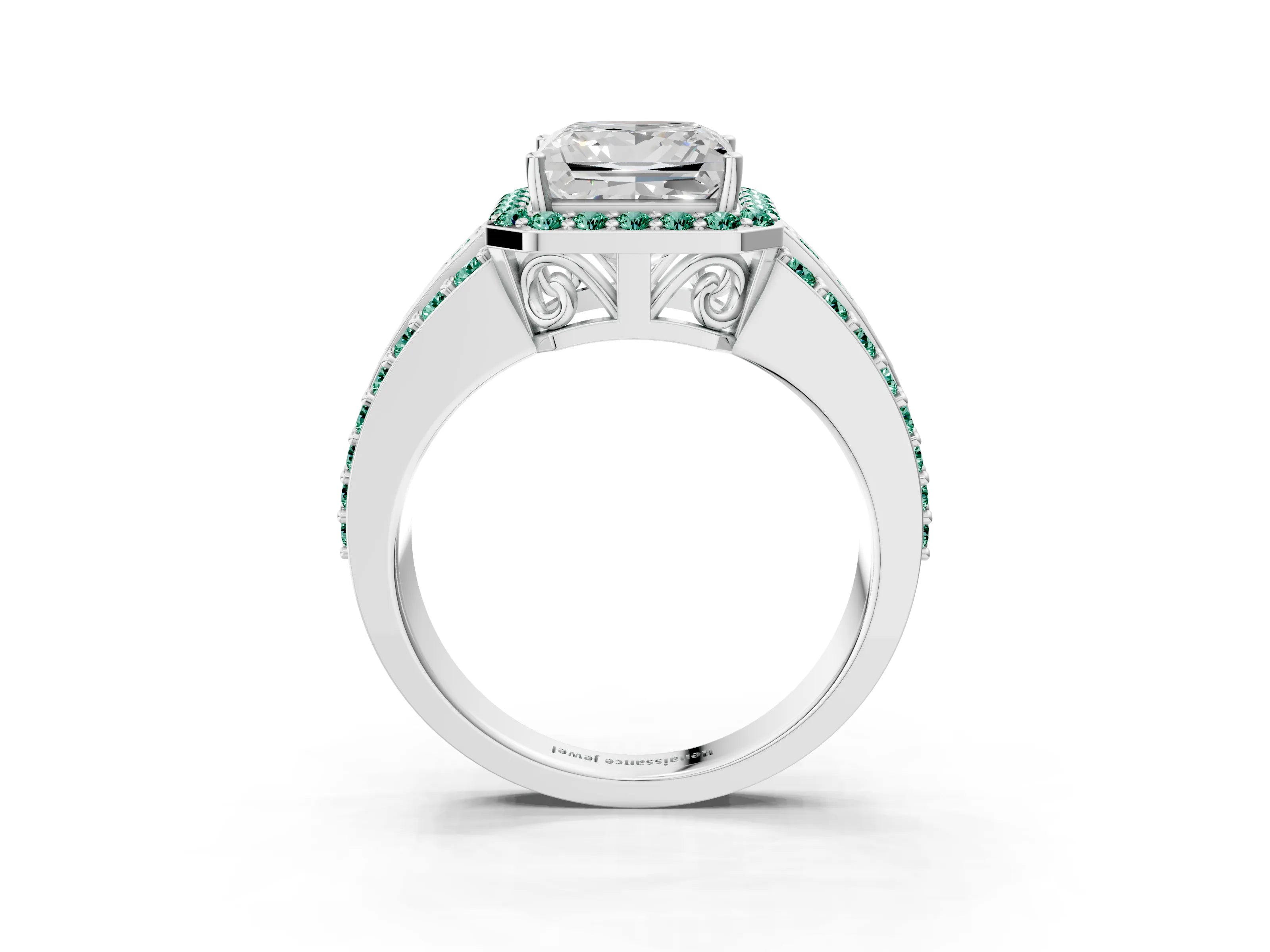 White gold Princess Cut Halo Diamond Ring with Round with Green Sapphire side stone Split Shank and Prong Setting_39
