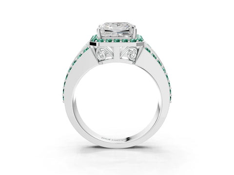 White gold Princess Cut Halo Diamond Ring with Round with Green Sapphire side stone Split Shank and Prong Setting_39