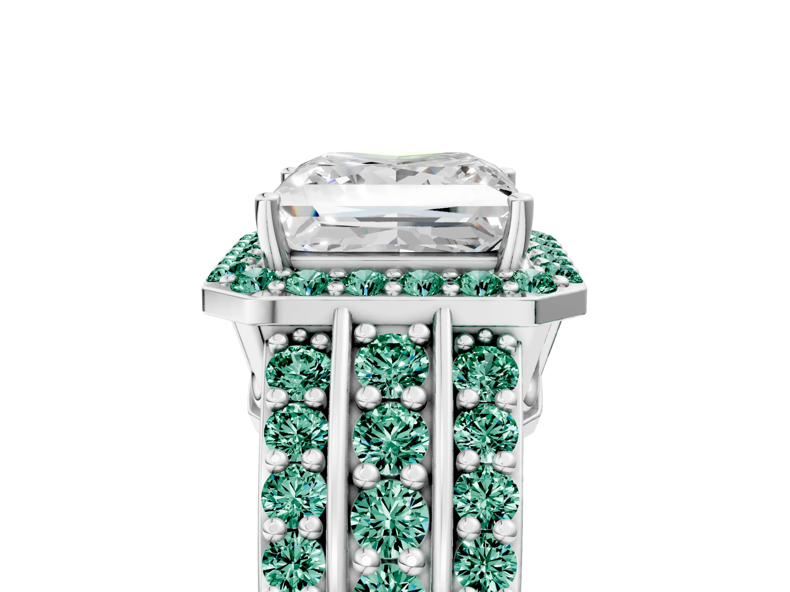 White gold Princess Cut Halo Diamond Ring with Round with Green Sapphire side stone Split Shank and Prong Setting_40