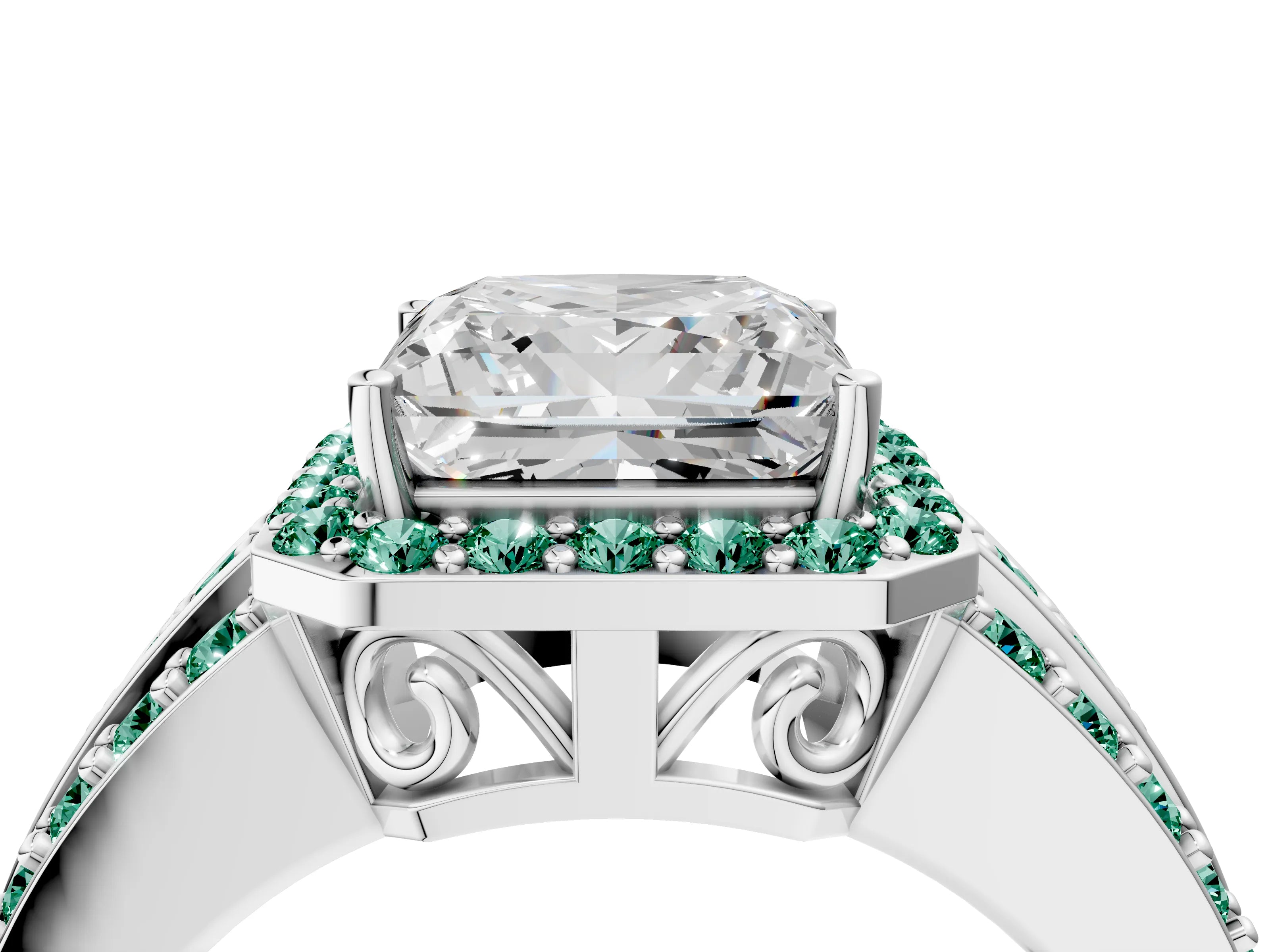 White gold Princess Cut Halo Diamond Ring with Round with Green Sapphire side stone Split Shank and Prong Setting_40