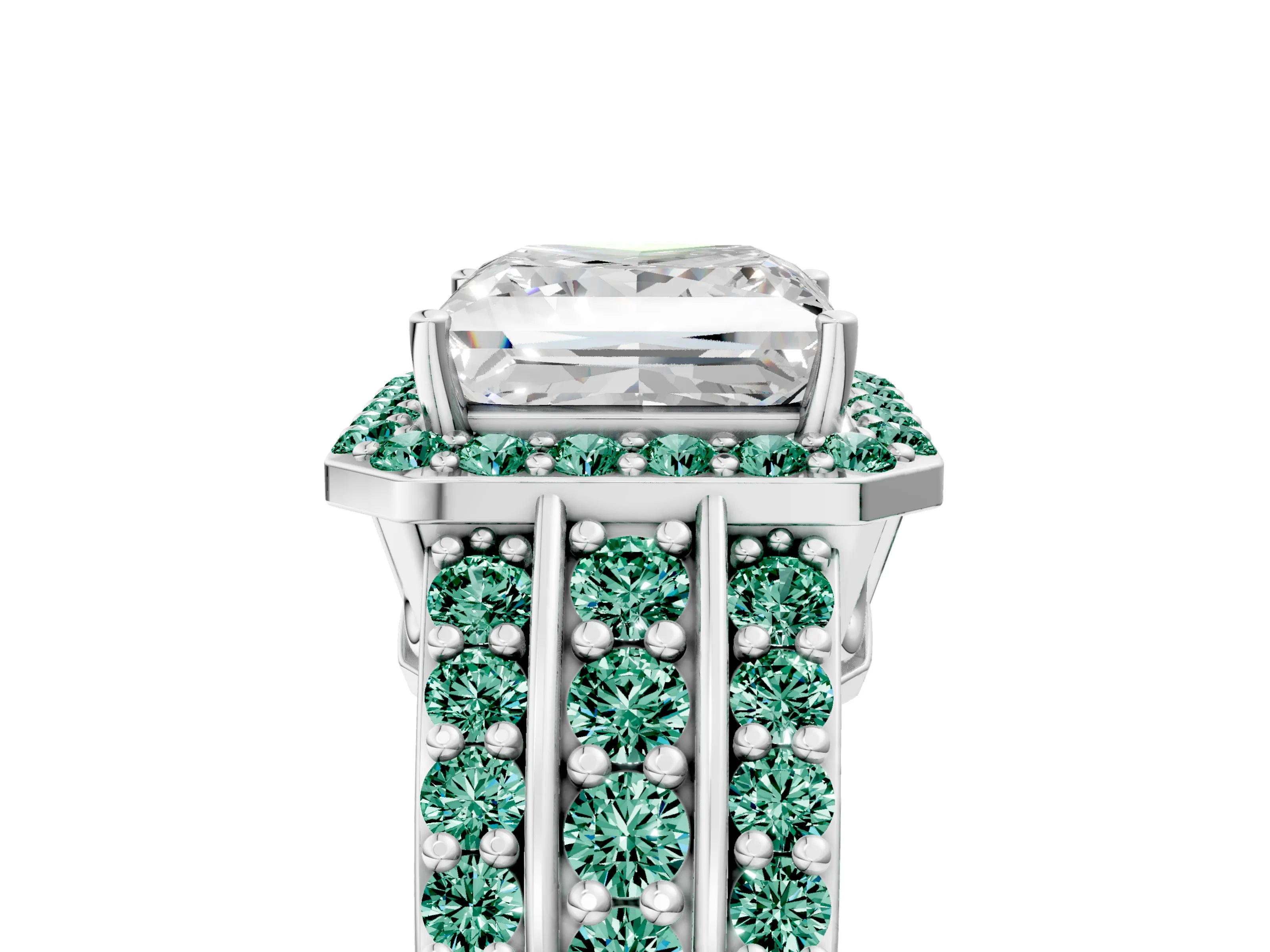 White gold Princess Cut Halo Diamond Ring with Round with Green Sapphire side stone Split Shank and Prong Setting_41