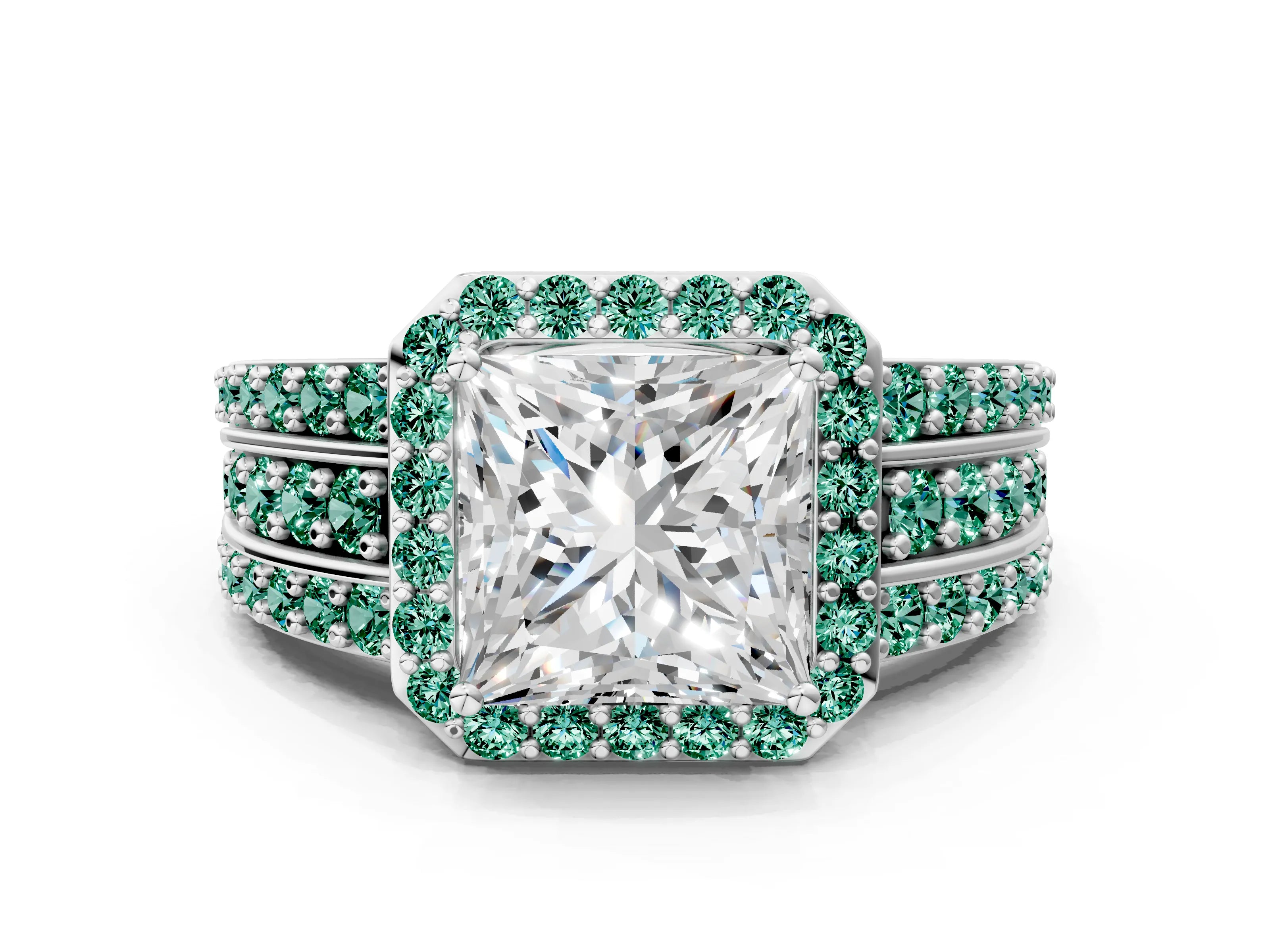 White gold Princess Cut Halo Diamond Ring with Round with Green Sapphire side stone Split Shank and Prong Setting_47