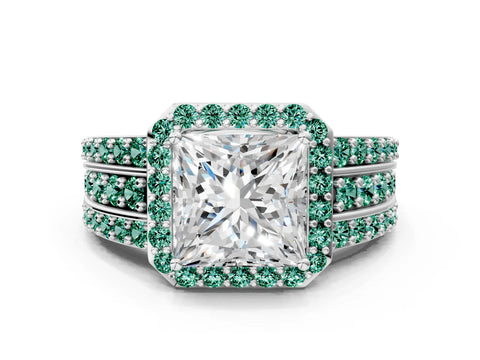 White gold Princess Cut Halo Diamond Ring with Round with Green Sapphire side stone Split Shank and Prong Setting_47