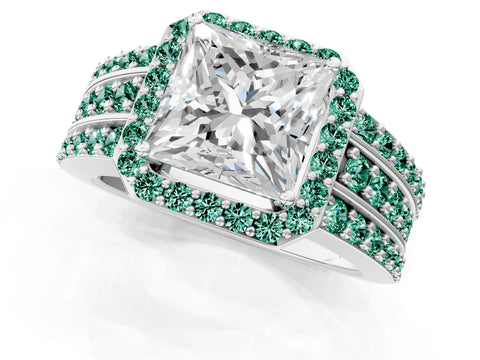 White gold Princess Cut Halo Diamond Ring with Round with Green Sapphire side stone Split Shank and Prong Setting_48