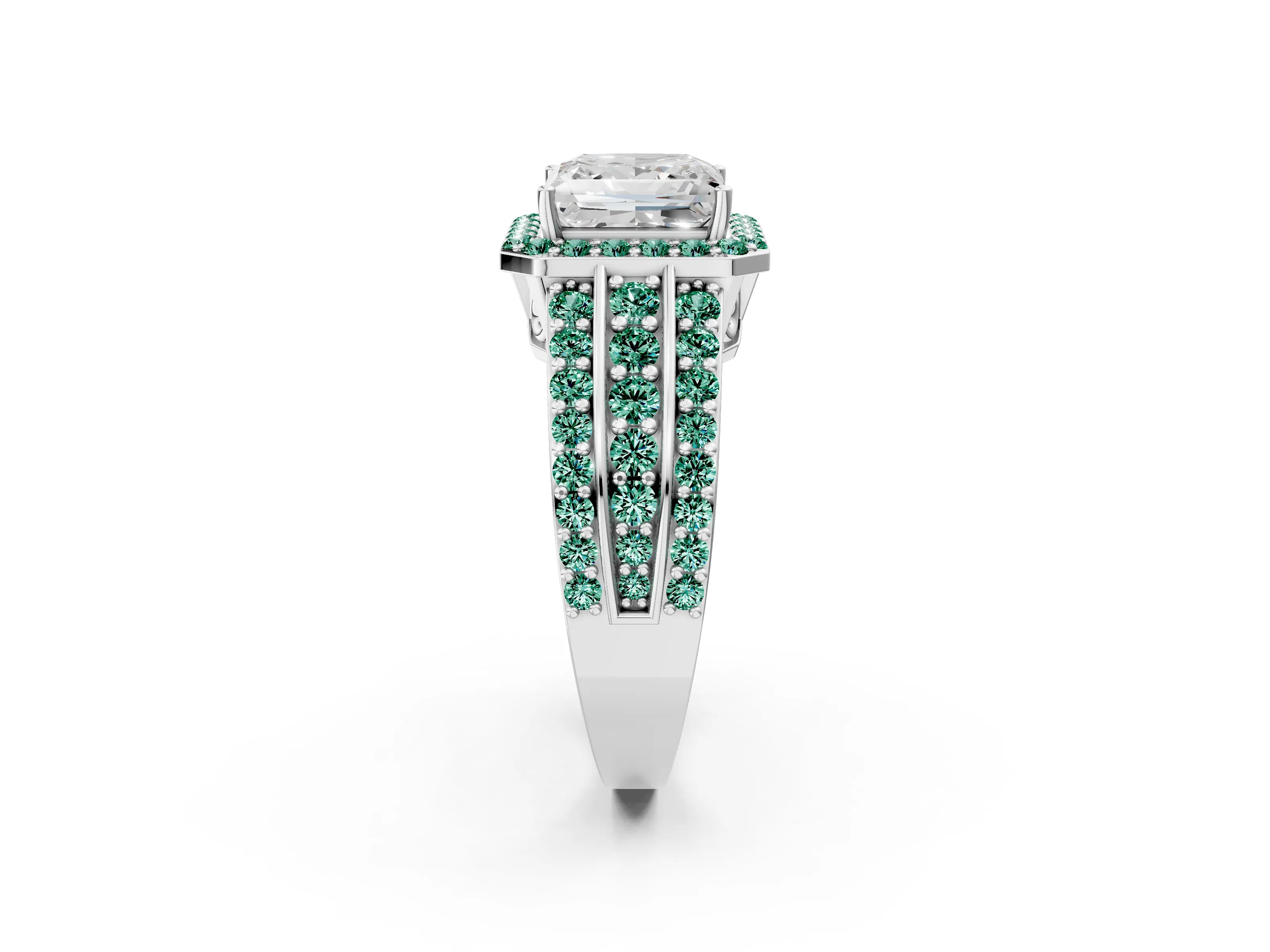White gold Princess Cut Halo Diamond Ring with Round with Green Sapphire side stone Split Shank and Prong Setting_49