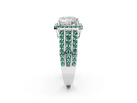 White gold Princess Cut Halo Diamond Ring with Round with Green Sapphire side stone Split Shank and Prong Setting_49