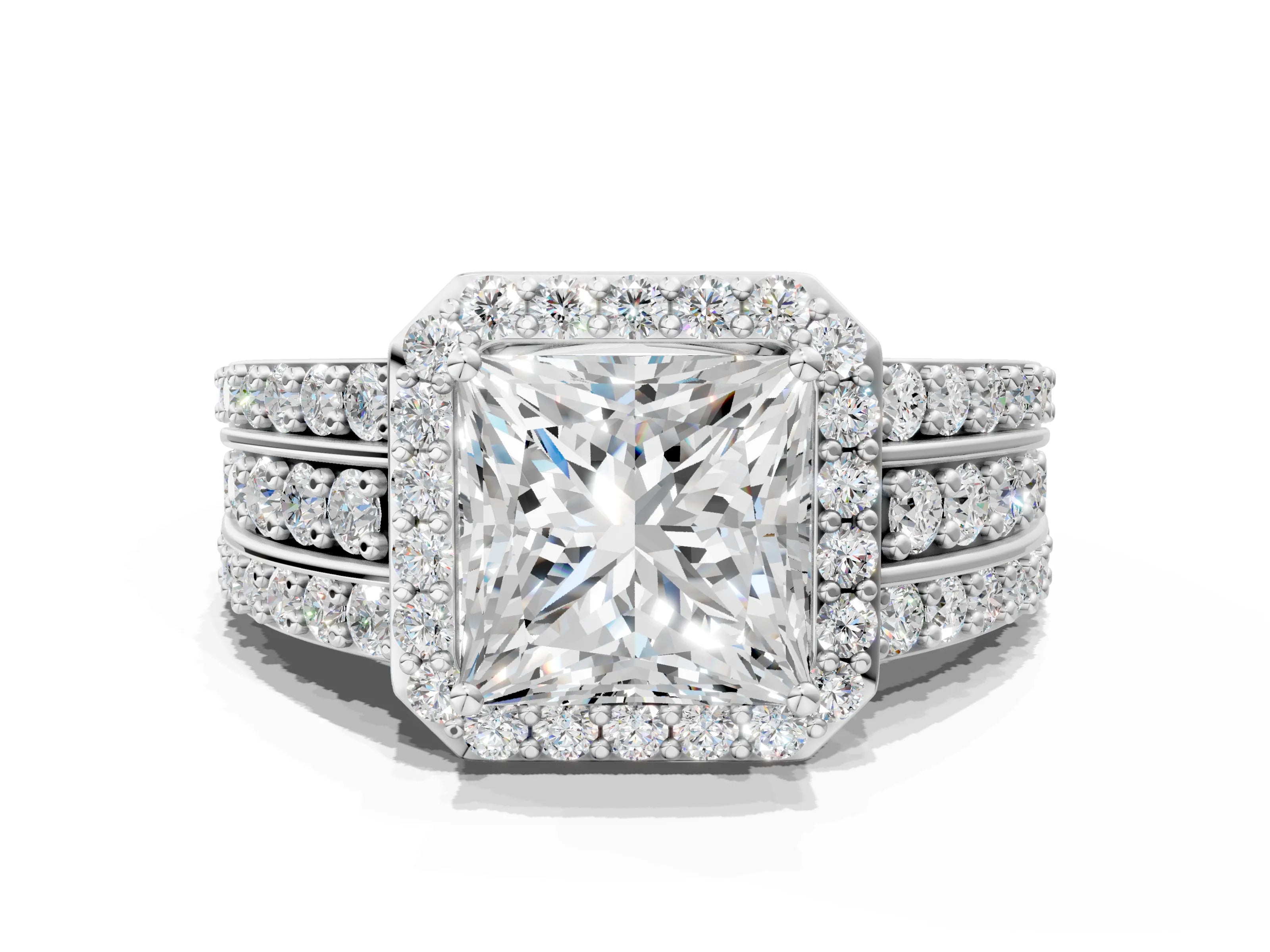 White gold Princess Cut Halo Diamond Ring with Round with Moissanite side stone Split Shank and Prong Setting_24
