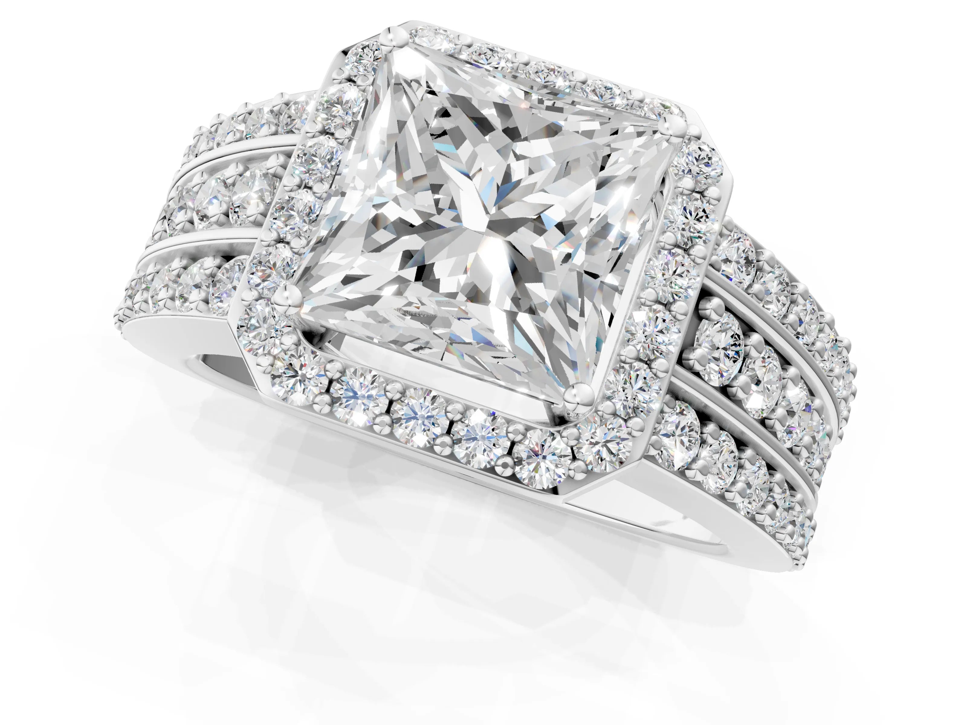 White gold Princess Cut Halo Diamond Ring with Round with Moissanite side stone Split Shank and Prong Setting_25
