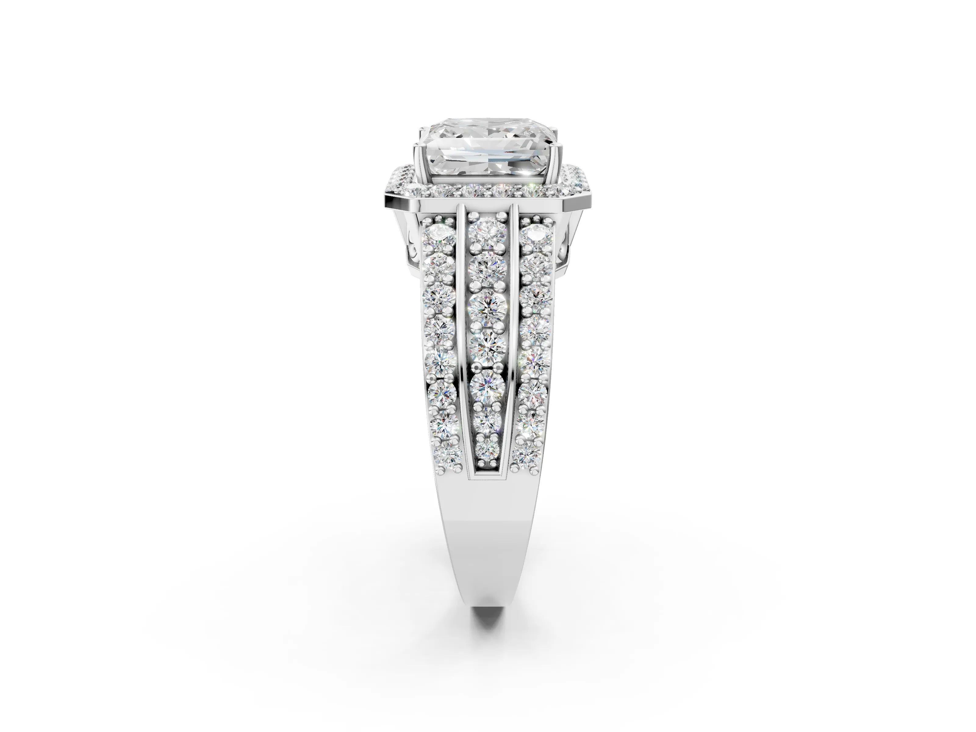 White gold Princess Cut Halo Diamond Ring with Round with Moissanite side stone Split Shank and Prong Setting_26