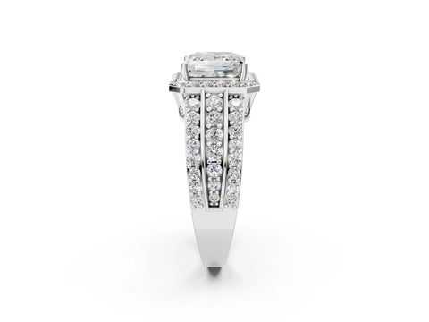 White gold Princess Cut Halo Diamond Ring with Round with Moissanite side stone Split Shank and Prong Setting_26