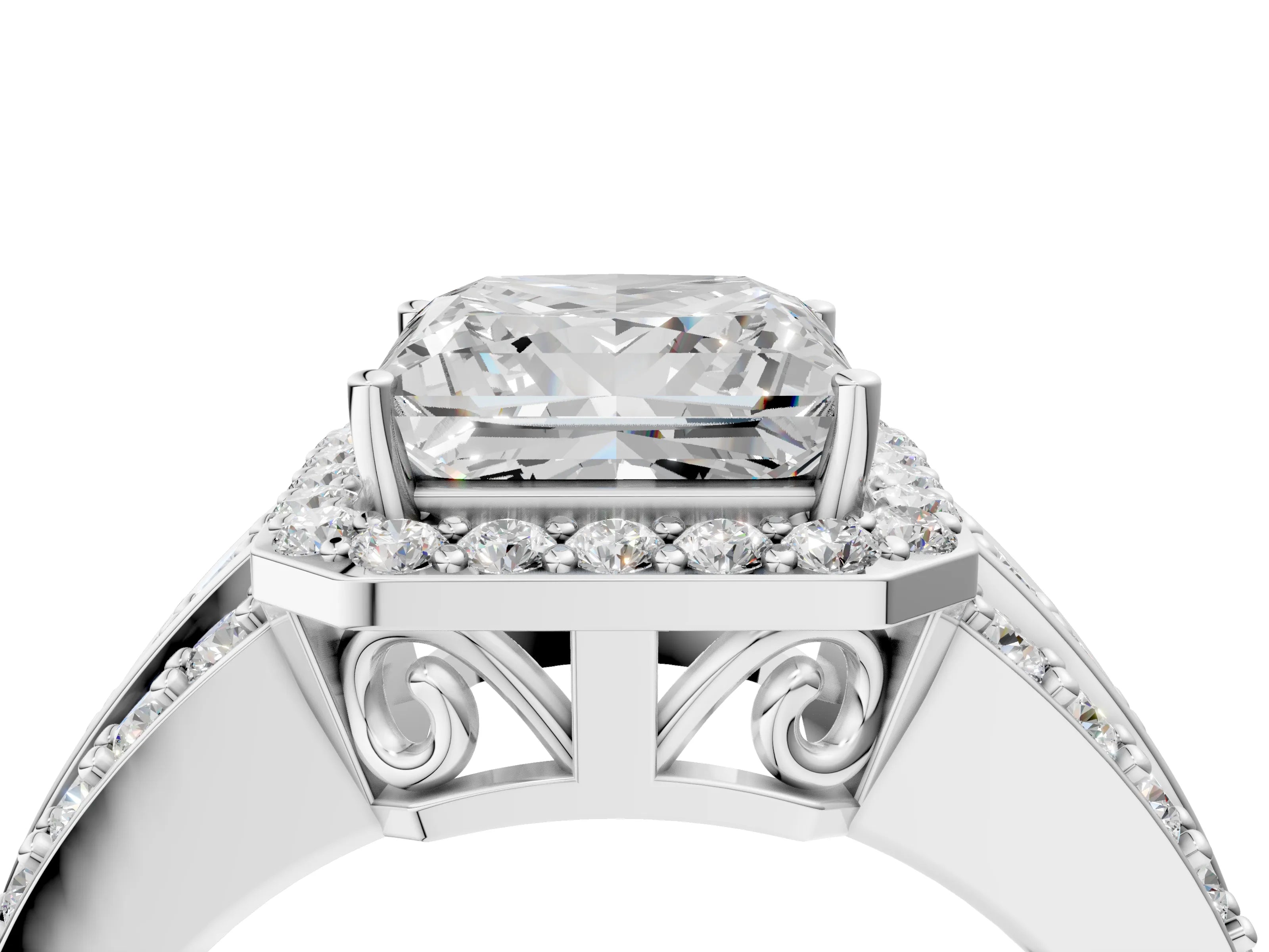 White gold Princess Cut Halo Diamond Ring with Round with Moissanite side stone Split Shank and Prong Setting_28