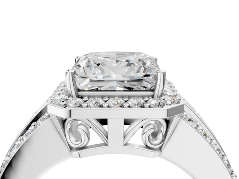 White gold Princess Cut Halo Diamond Ring with Round with Moissanite side stone Split Shank and Prong Setting_28