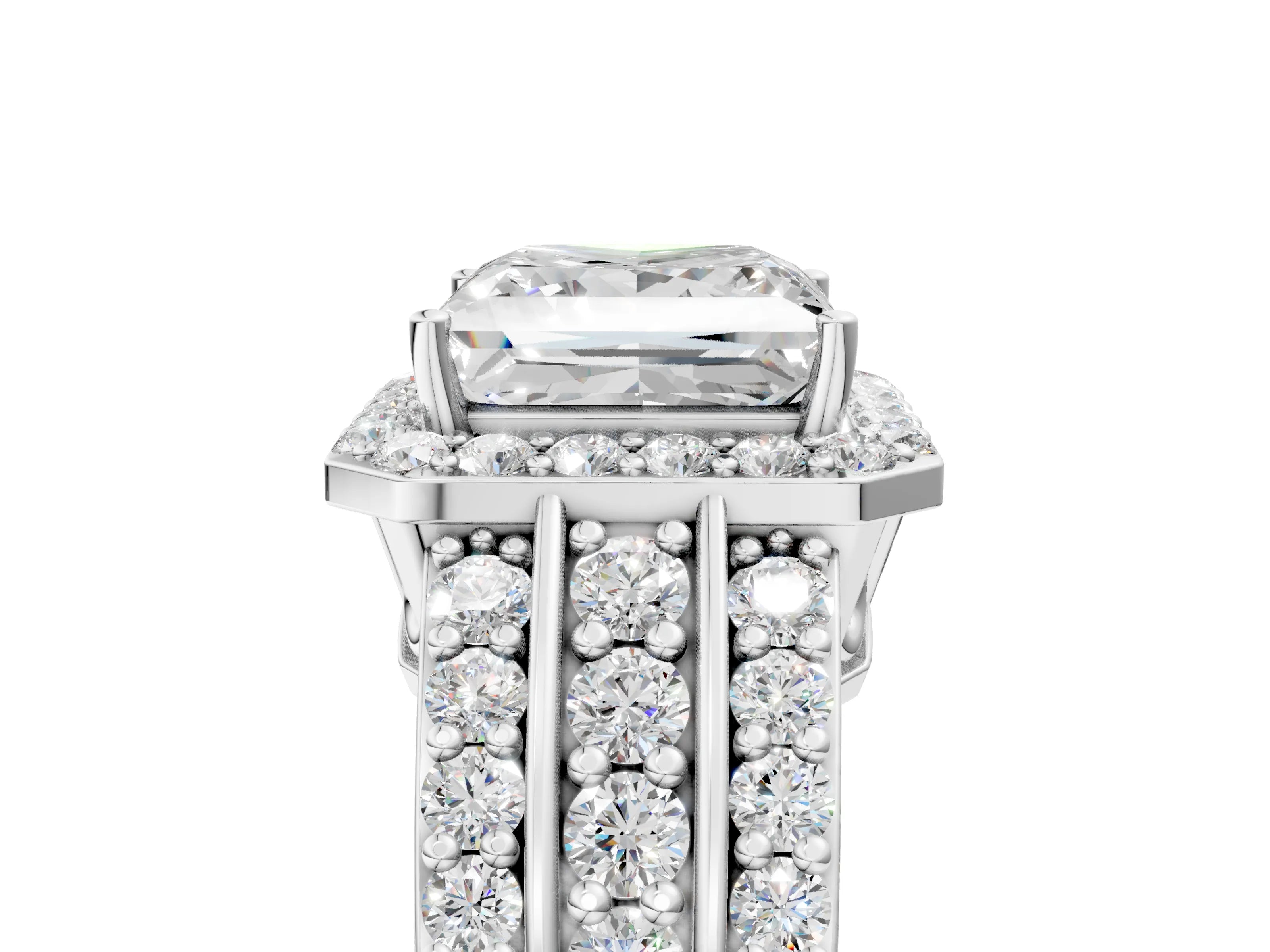 White gold Princess Cut Halo Diamond Ring with Round with Moissanite side stone Split Shank and Prong Setting_29