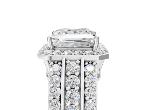 White gold Princess Cut Halo Diamond Ring with Round with Moissanite side stone Split Shank and Prong Setting_29