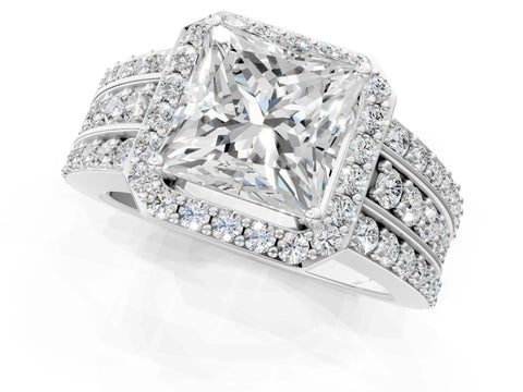 White gold Princess Cut Halo Diamond Ring with Round with Moissanite side stone Split Shank and Prong Setting_49