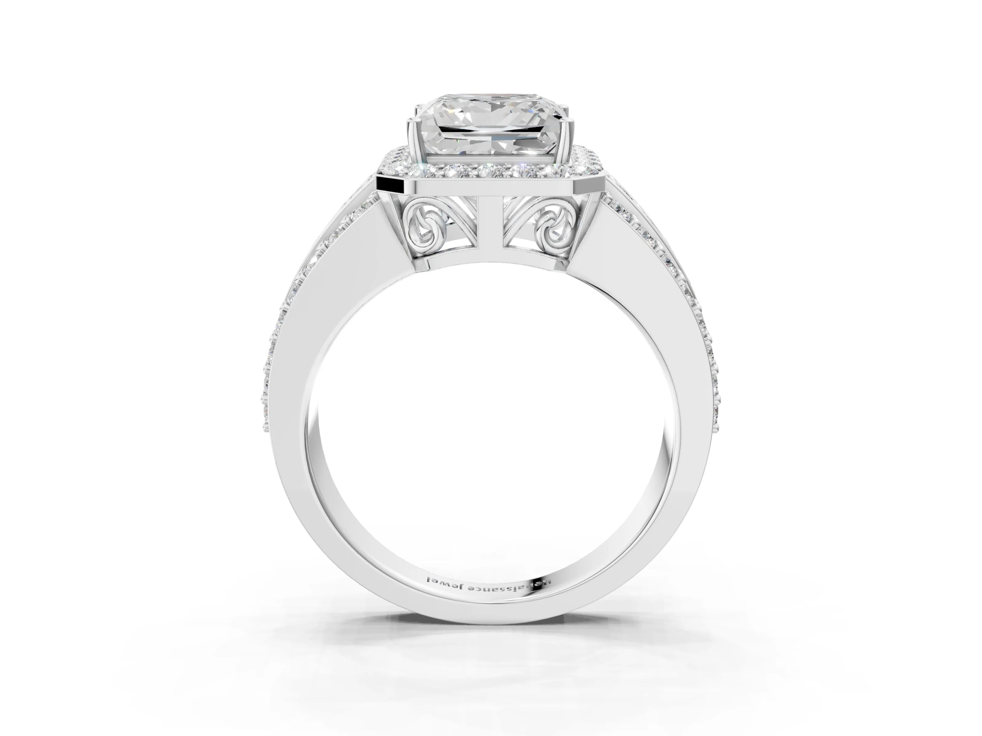 White gold Princess Cut Halo Diamond Ring with Round with Moissanite side stone Split Shank and Prong Setting_51