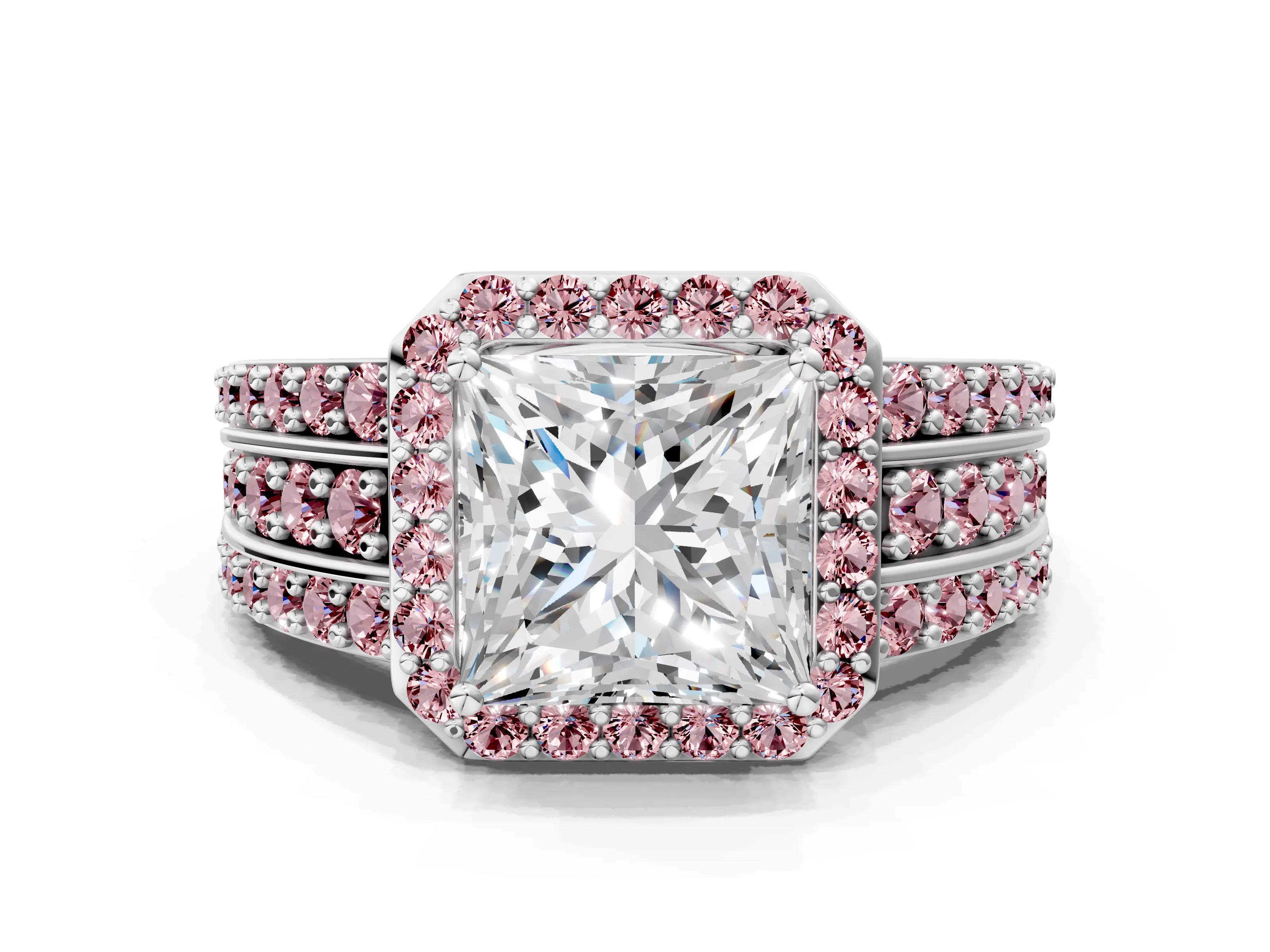 White gold Princess Cut Halo Diamond Ring with Round with Morganite side stone Split Shank and Prong Setting_24