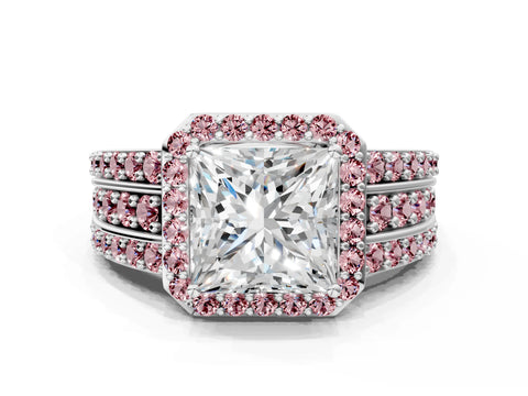 White gold Princess Cut Halo Diamond Ring with Round with Morganite side stone Split Shank and Prong Setting_24