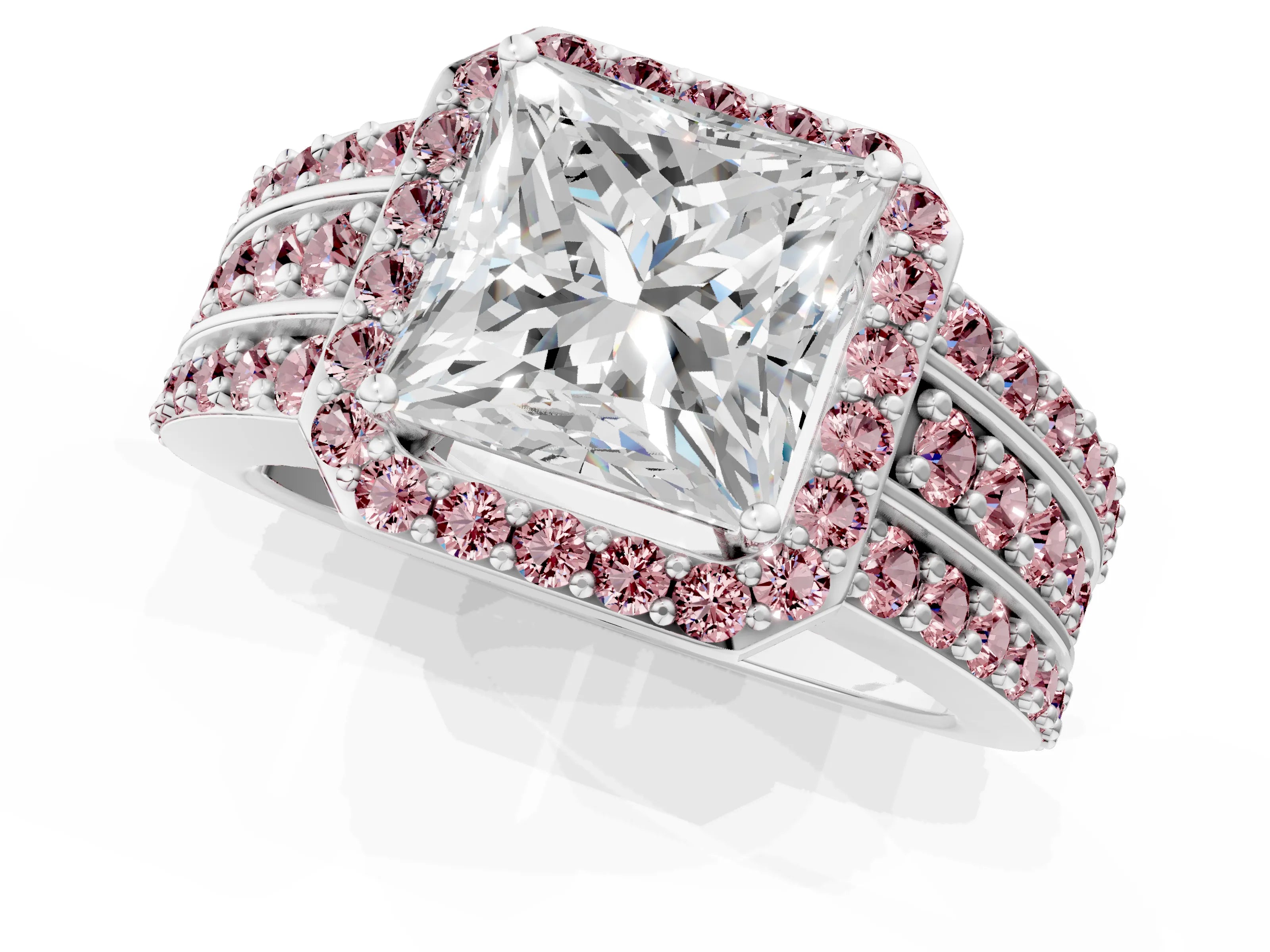 White gold Princess Cut Halo Diamond Ring with Round with Morganite side stone Split Shank and Prong Setting_25