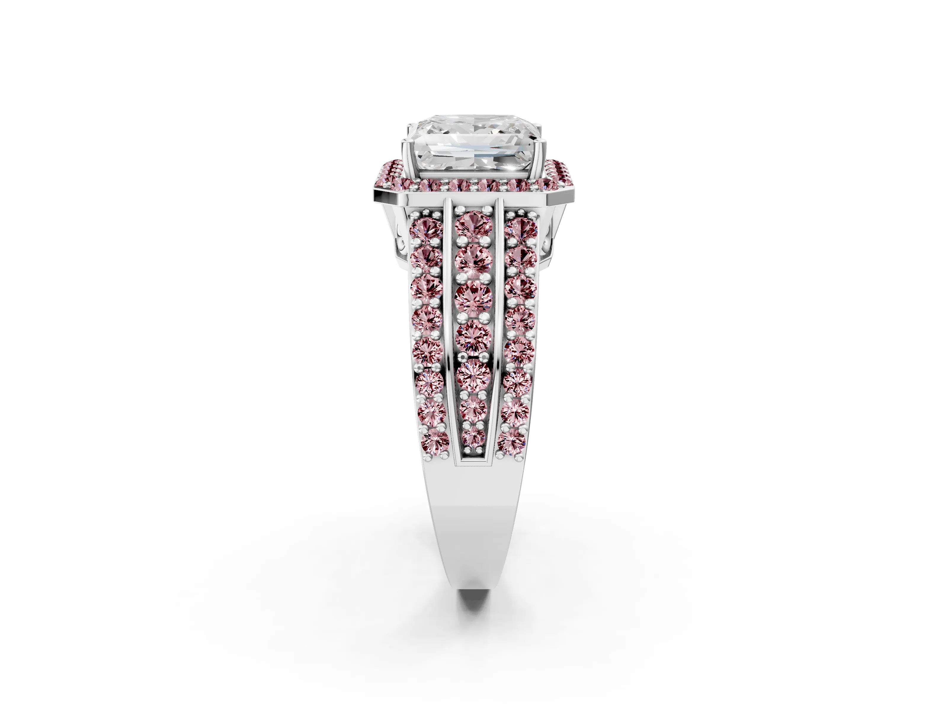 White gold Princess Cut Halo Diamond Ring with Round with Morganite side stone Split Shank and Prong Setting_26