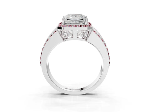 White gold Princess Cut Halo Diamond Ring with Round with Morganite side stone Split Shank and Prong Setting_27