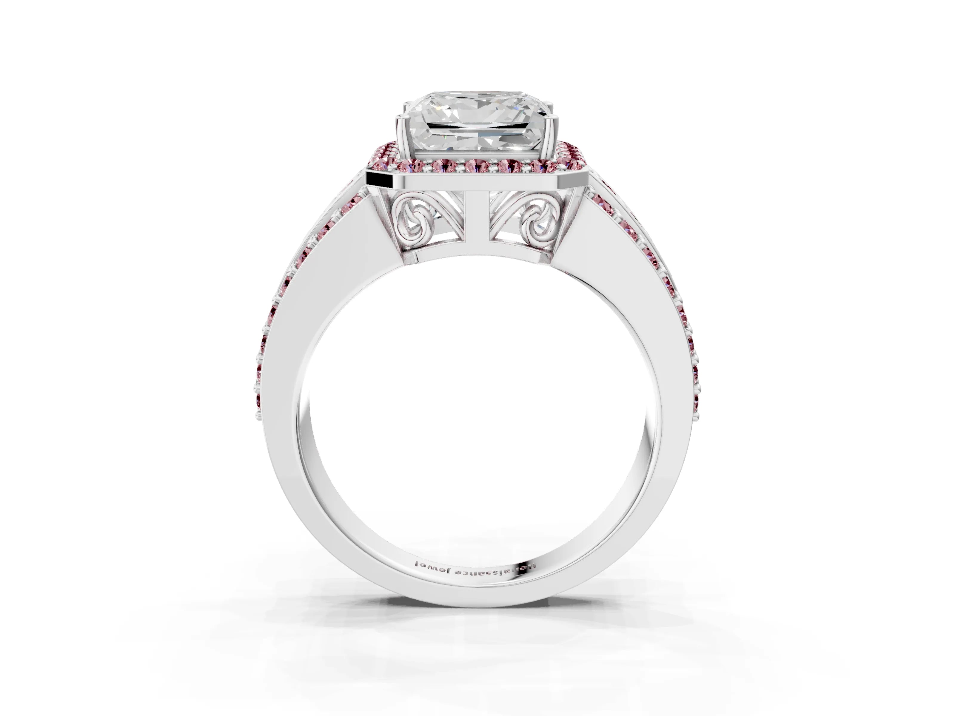 White gold Princess Cut Halo Diamond Ring with Round with Morganite side stone Split Shank and Prong Setting_51