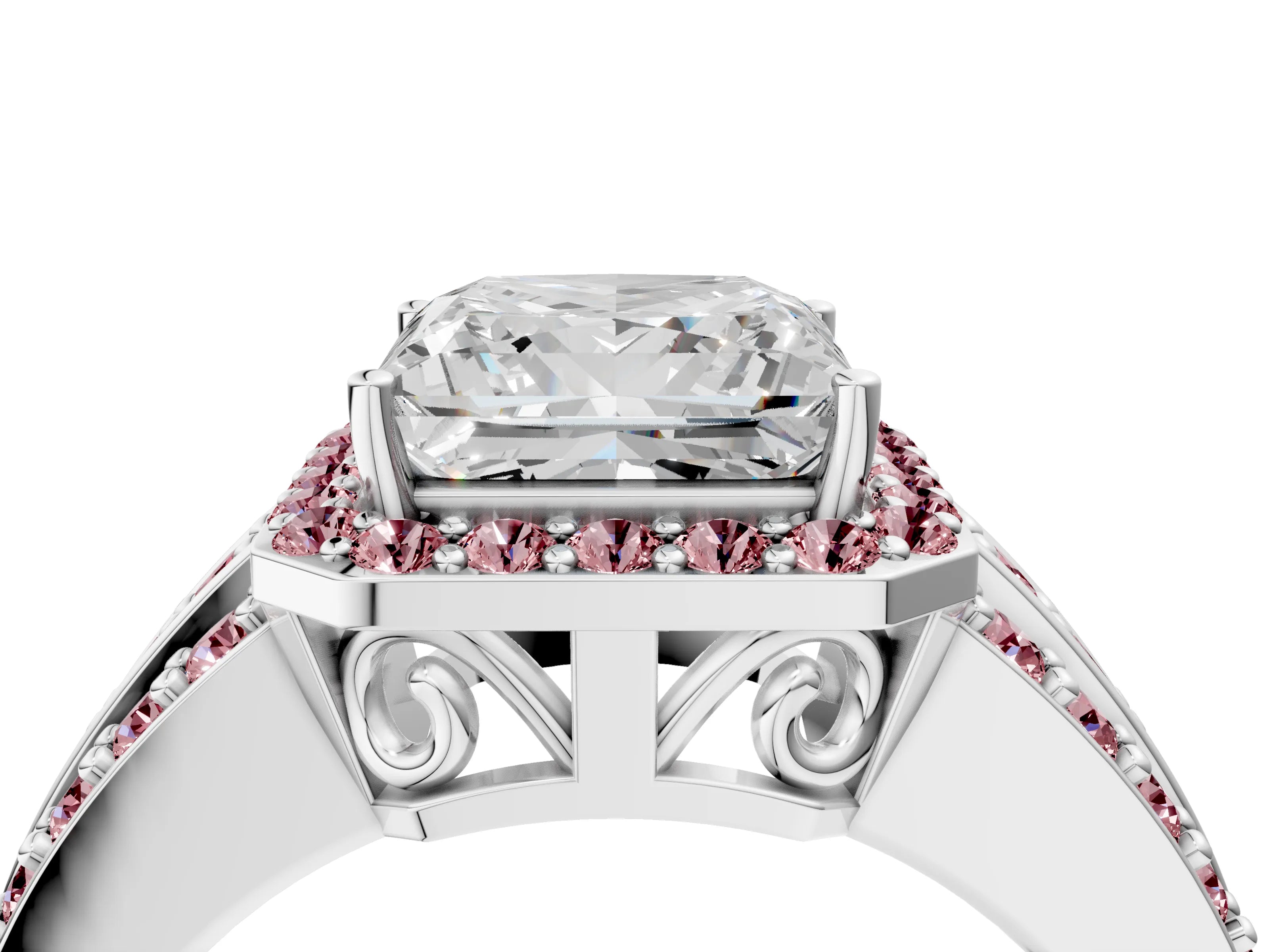 White gold Princess Cut Halo Diamond Ring with Round with Morganite side stone Split Shank and Prong Setting_52