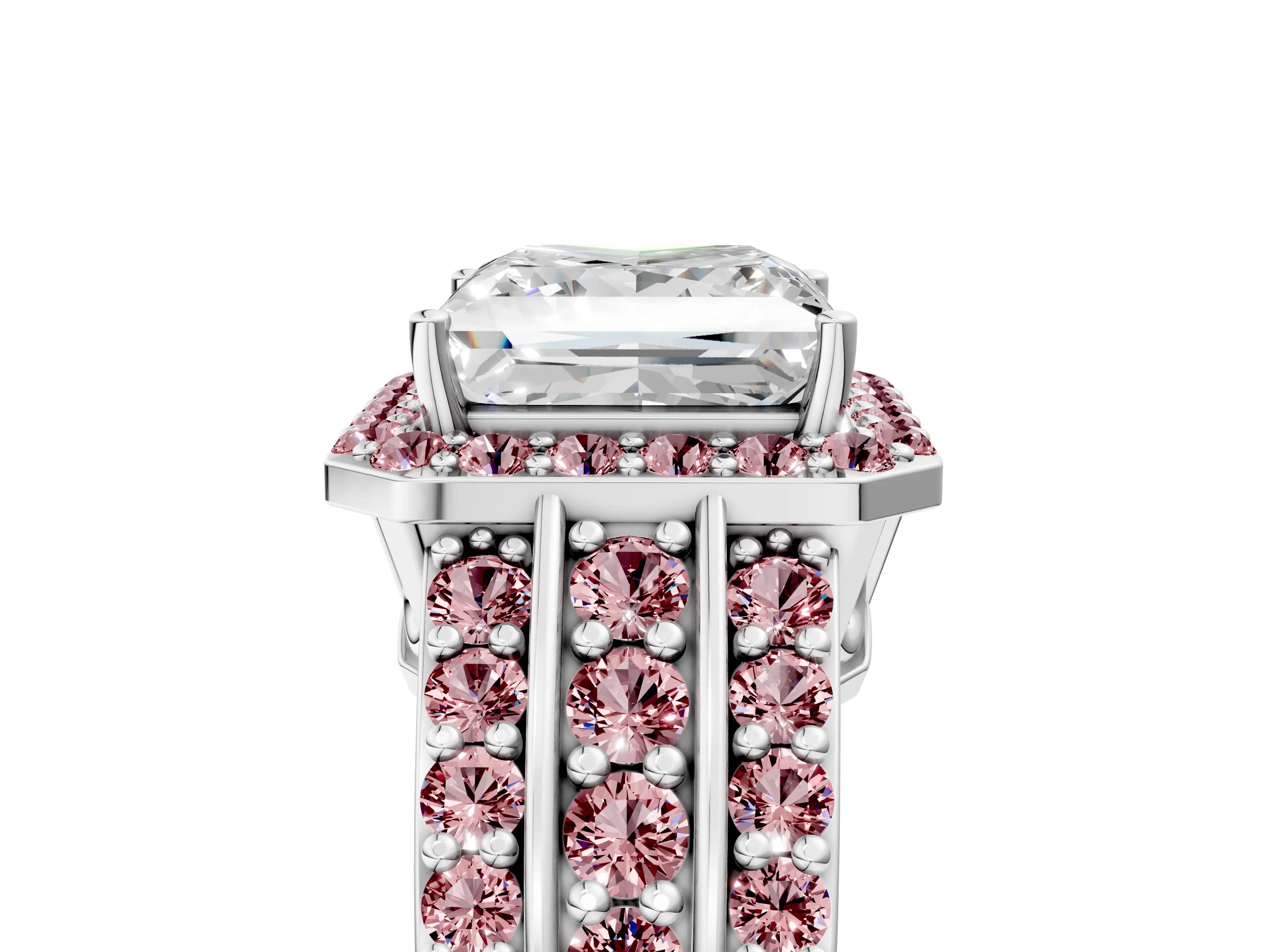 White gold Princess Cut Halo Diamond Ring with Round with Morganite side stone Split Shank and Prong Setting_53