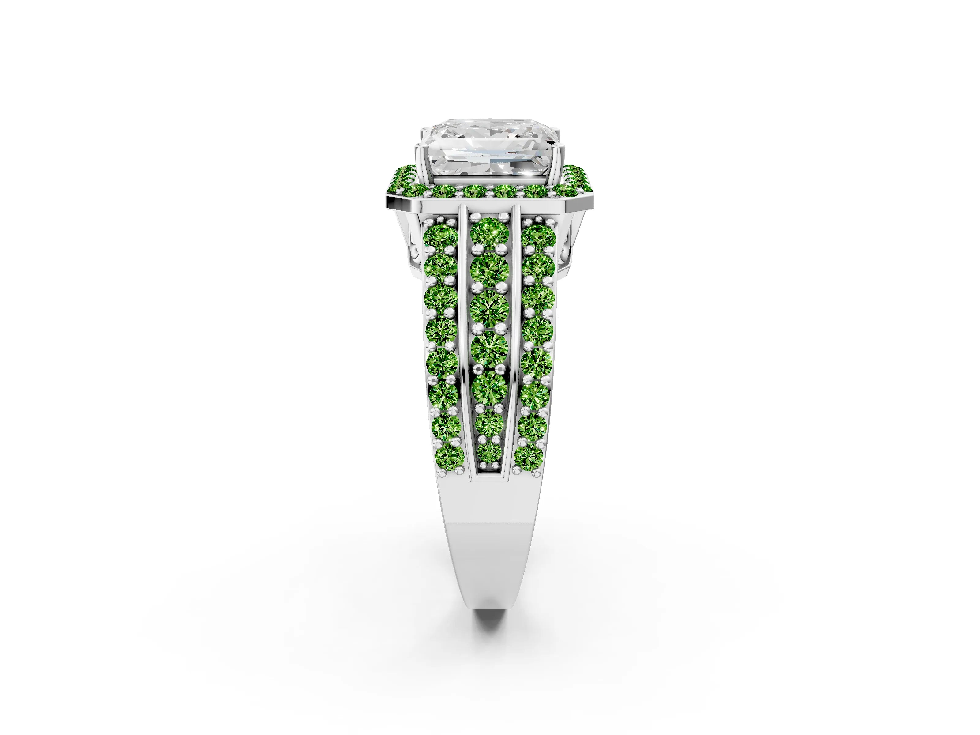 White gold Princess Cut Halo Diamond Ring with Round with Peridot side stone Split Shank and Prong Setting_10