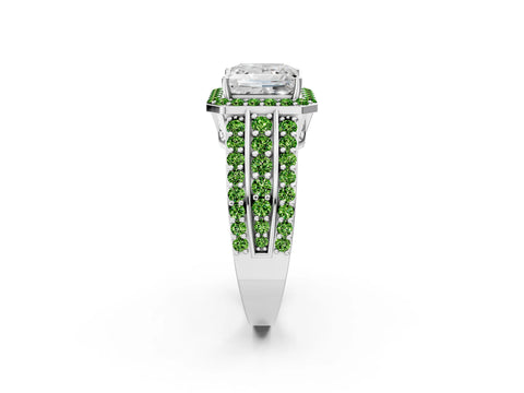 White gold Princess Cut Halo Diamond Ring with Round with Peridot side stone Split Shank and Prong Setting_10
